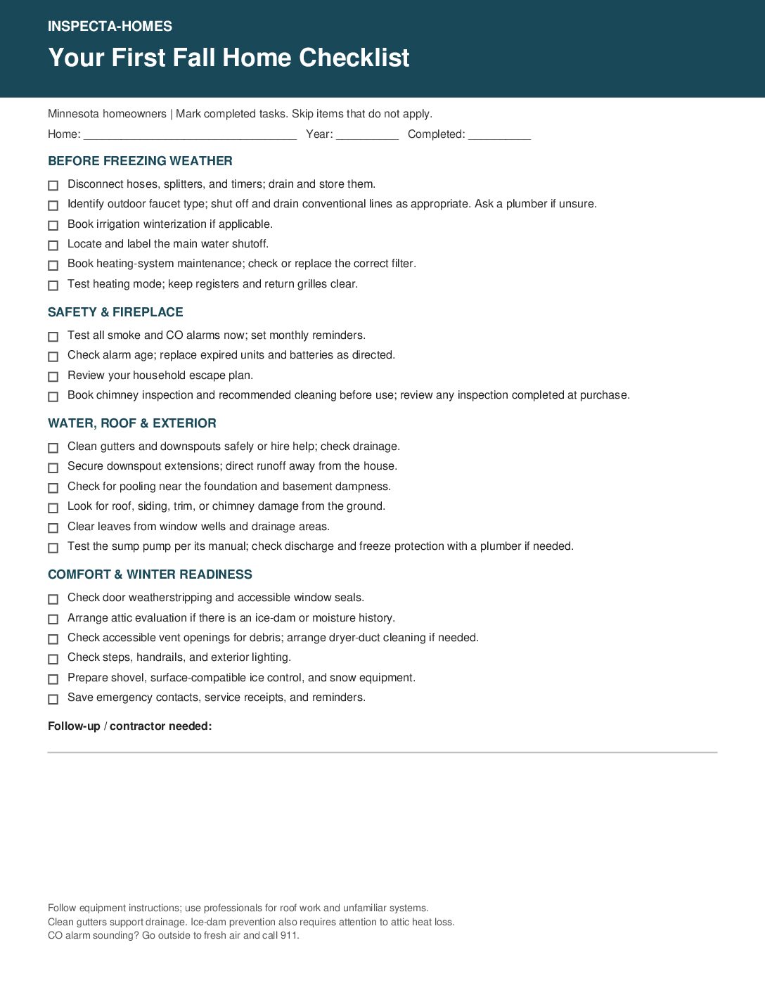 Inspecta Homes Fall Maintenance Checklist pdf